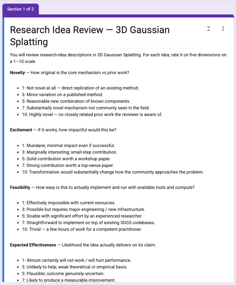 The blind review form used in the expert study: novelty, excitement, feasibility, and expected effectiveness on anchored 1-10 scales
