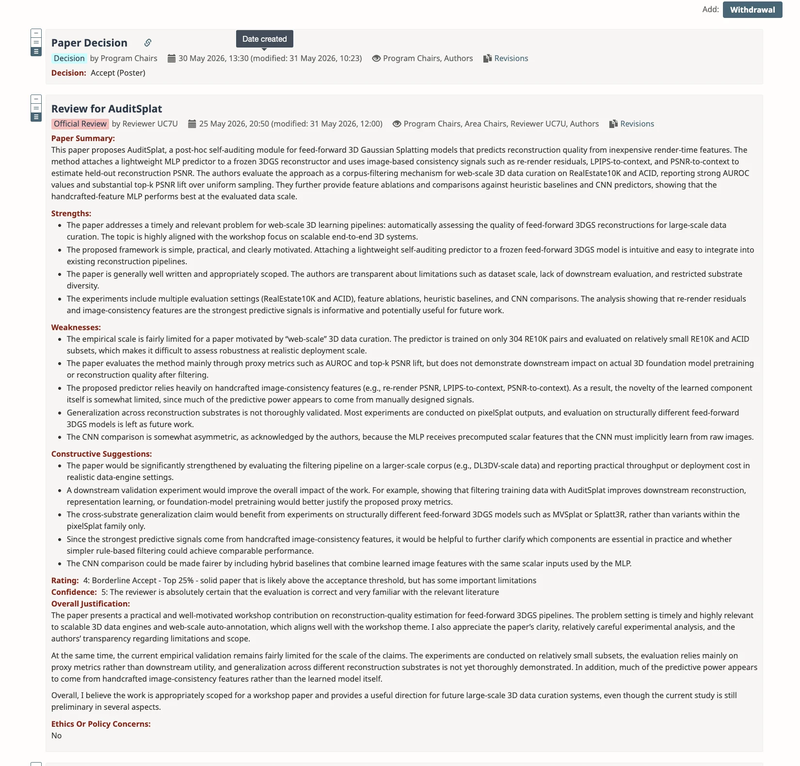 Full official review for AuditSplat with rating 4 at confidence 5 and an Accept (Poster) decision