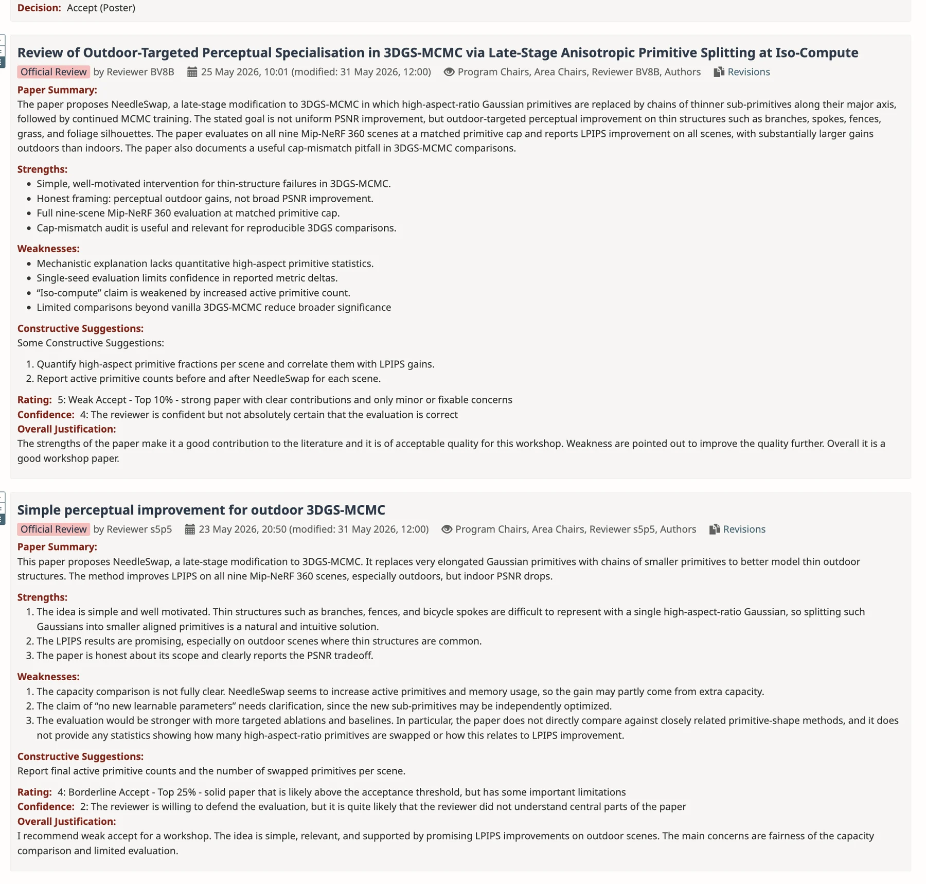 Full official reviews for the NeedleSwap paper with ratings 5 and 4 and an Accept (Poster) decision
